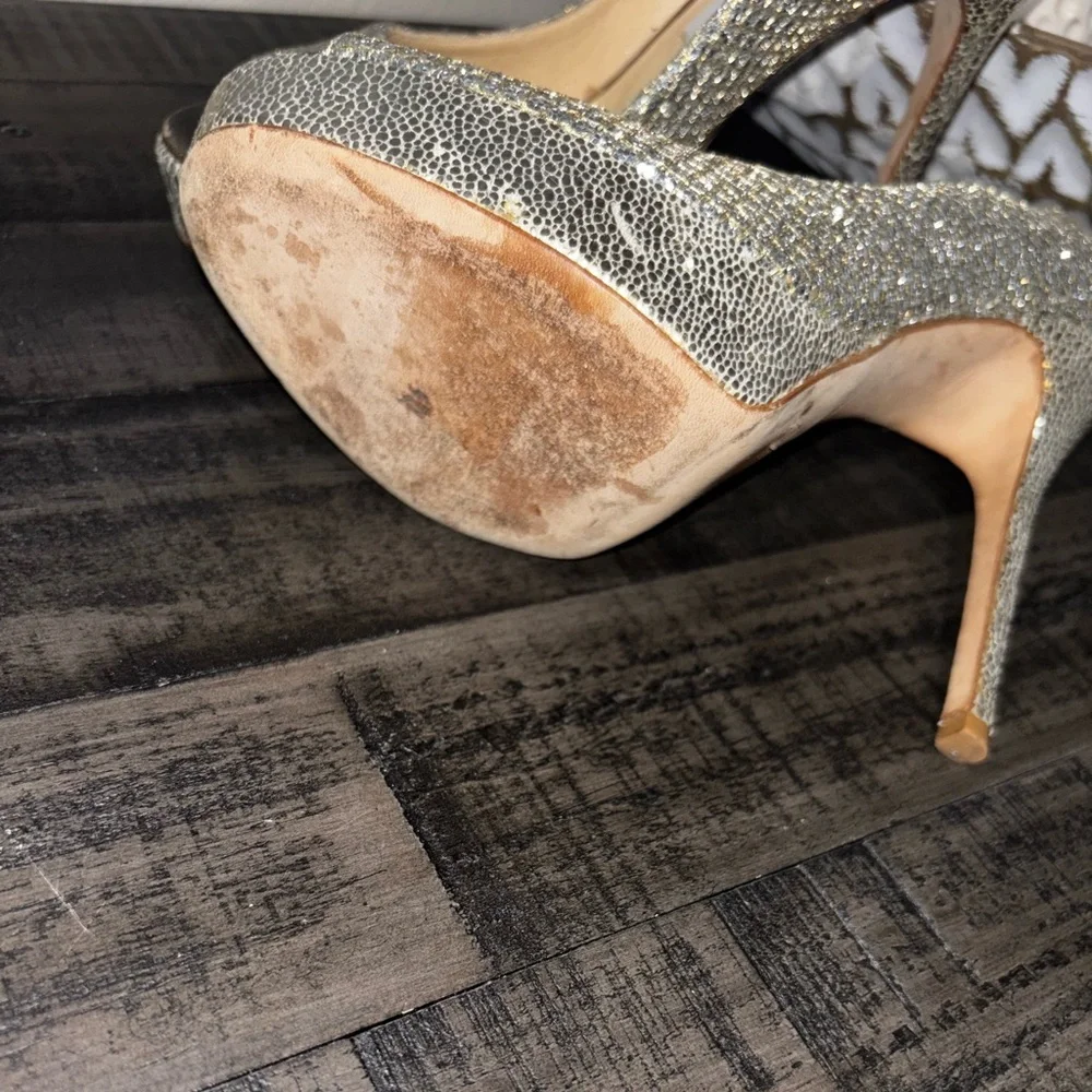 Jimmy Choo Crown  Glitter Fabric Champagne  Platform  7.5 - Picture 8 of 9